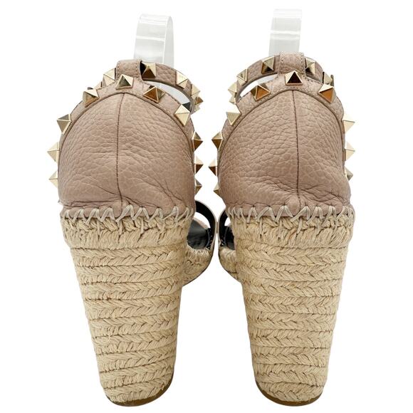 Valentino Rockstud Espadrille Wedge Sandals Nude Poudre Leather Size 40 US 10 - Picture 8 of 16